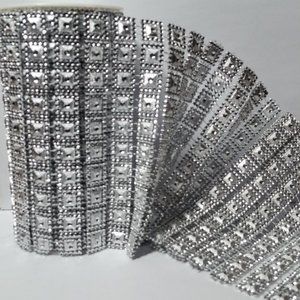 Rhinestone Mesh Ribbon Silver Squares 3 Rolls